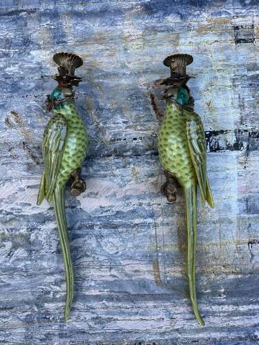 Pair of green porcelain wall sconces in the form of Parrots
