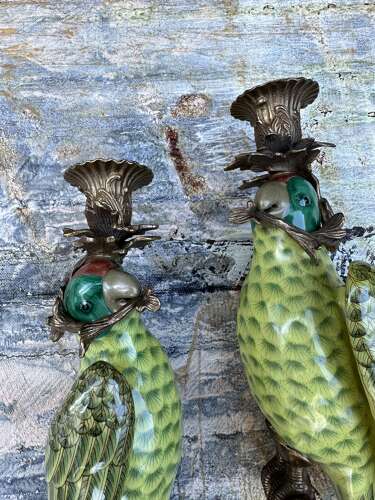 Pair of green porcelain wall sconces in the form of Parrots