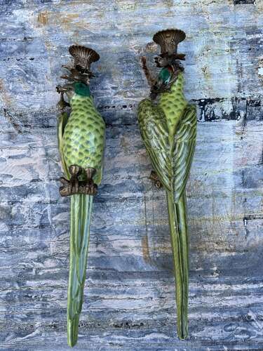 Pair of green porcelain wall sconces in the form of Parrots