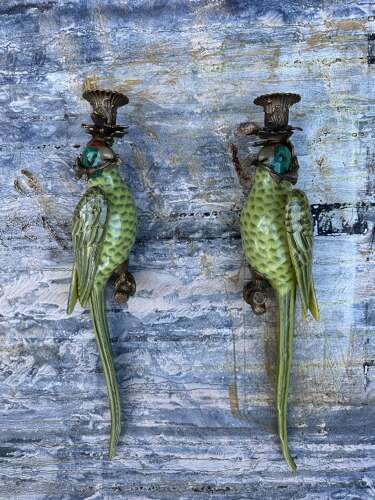 Pair of green porcelain wall sconces in the form of Parrots