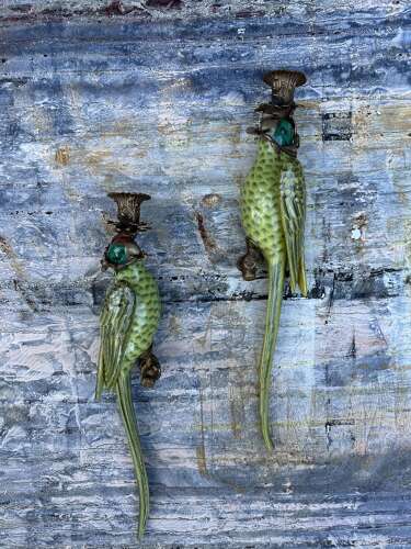 Pair of green porcelain wall sconces in the form of Parrots