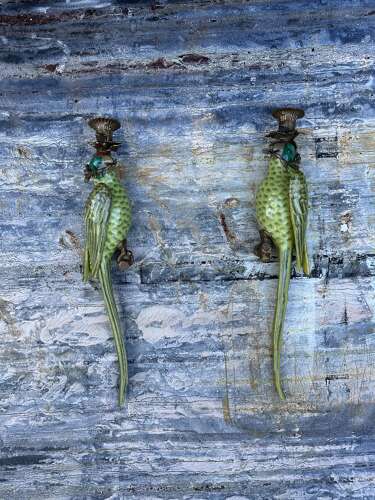 Pair of green porcelain wall sconces in the form of Parrots