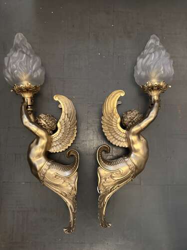 Large Pair Gilt Bronze Classical Figural Wall Lights Winged Cherubs