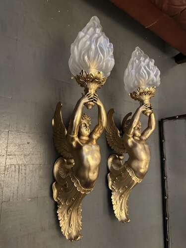 Large Pair Gilt Bronze Classical Figural Wall Lights Winged Cherubs