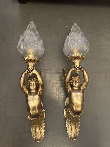 Large Pair Gilt Bronze Classical Figural Wall Lights Winged Cherubs