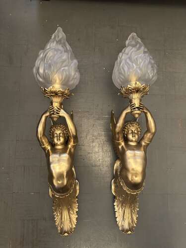 Large Pair Gilt Bronze Classical Figural Wall Lights Winged Cherubs