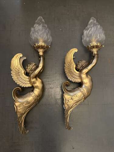 Large Pair Gilt Bronze Classical Figural Wall Lights Winged Cherubs
