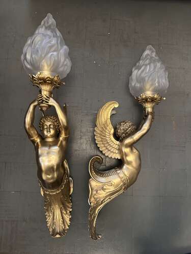 Large Pair Gilt Bronze Classical Figural Wall Lights Winged Cherubs