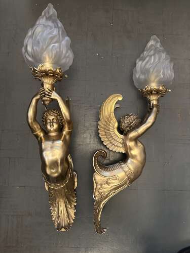 Large Pair Gilt Bronze Classical Figural Wall Lights Winged Cherubs