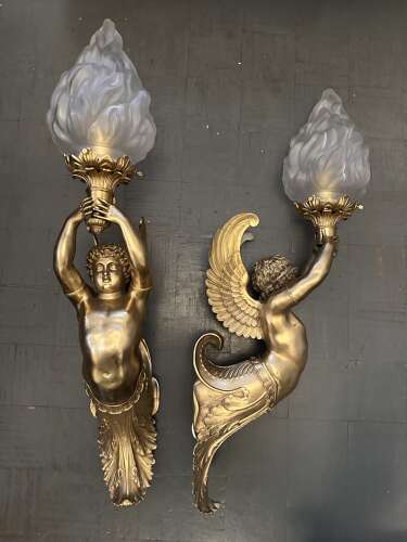 Large Pair Gilt Bronze Classical Figural Wall Lights Winged Cherubs