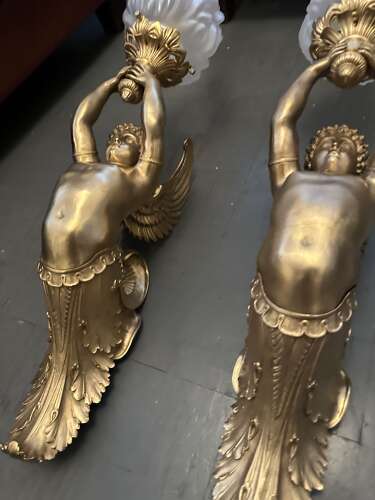 Large Pair Gilt Bronze Classical Figural Wall Lights Winged Cherubs