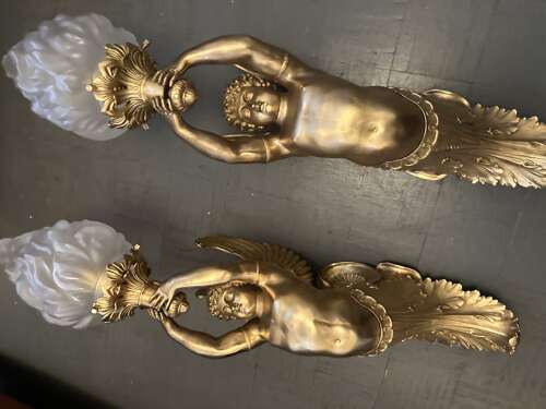 Large Pair Gilt Bronze Classical Figural Wall Lights Winged Cherubs