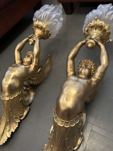 Large Pair Gilt Bronze Classical Figural Wall Lights Winged Cherubs