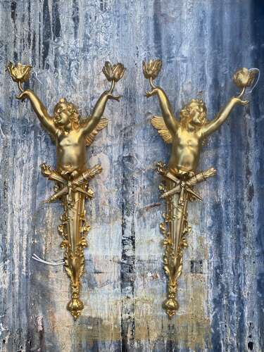 Pair of Gilt Bronze Cherub Wall Lights Sconces Signed