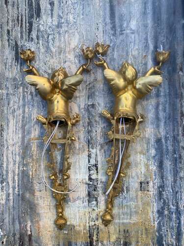 Pair of Gilt Bronze Cherub Wall Lights Sconces Signed