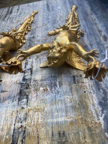 Pair of Gilt Bronze Cherub Wall Lights Sconces Signed