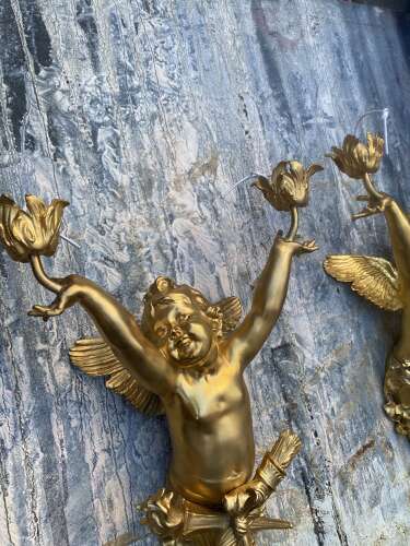 Pair of Gilt Bronze Cherub Wall Lights Sconces Signed