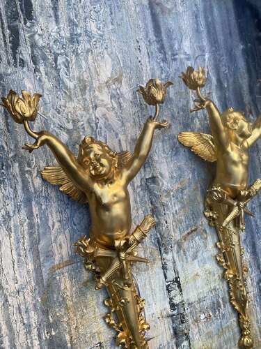 Pair of Gilt Bronze Cherub Wall Lights Sconces Signed