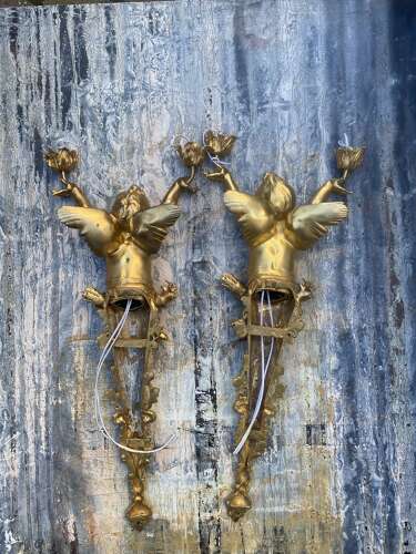 Pair of Gilt Bronze Cherub Wall Lights Sconces Signed
