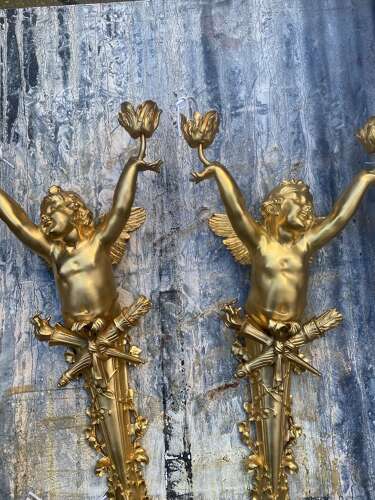 Pair of Gilt Bronze Cherub Wall Lights Sconces Signed