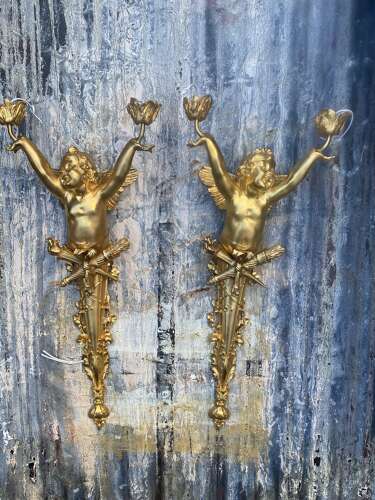 Pair of Gilt Bronze Cherub Wall Lights Sconces Signed