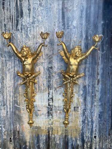 Pair of Gilt Bronze Cherub Wall Lights Sconces Signed