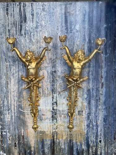 Pair of Gilt Bronze Cherub Wall Lights Sconces Signed