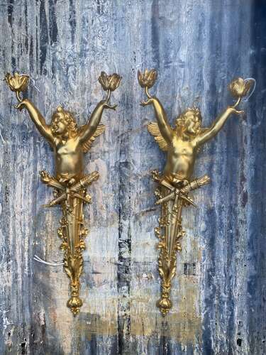 Pair of Gilt Bronze Cherub Wall Lights Sconces Signed