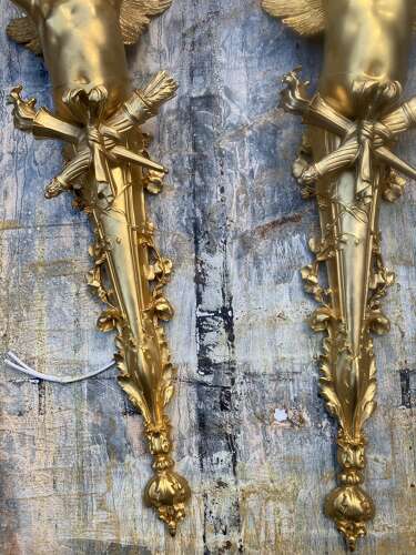 Pair of Gilt Bronze Cherub Wall Lights Sconces Signed