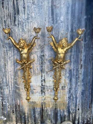 Pair of Gilt Bronze Cherub Wall Lights Sconces Signed