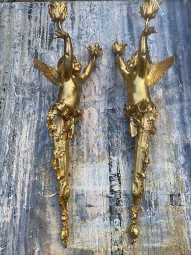 Pair of Gilt Bronze Cherub Wall Lights Sconces Signed