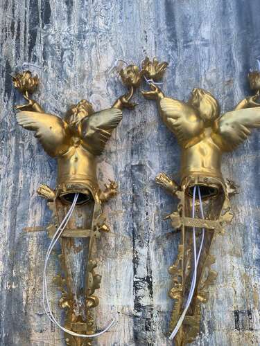 Pair of Gilt Bronze Cherub Wall Lights Sconces Signed