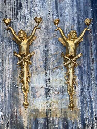 Pair of Gilt Bronze Cherub Wall Lights Sconces Signed