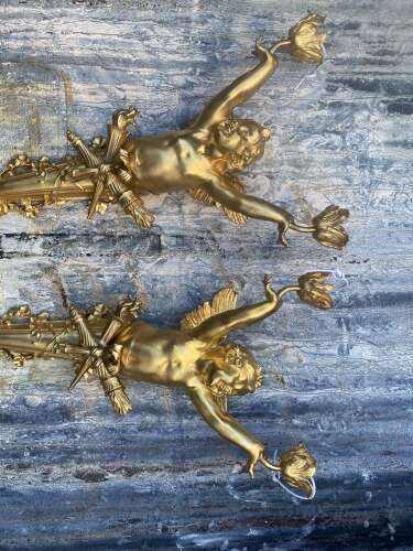 Pair of Gilt Bronze Cherub Wall Lights Sconces Signed