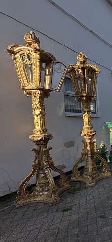 Huge Pair Gilt Carved Wood Baroque style Lamp Posts Street Lanterns