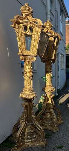 Huge Pair Gilt Carved Wood Baroque style Lamp Posts Street Lanterns