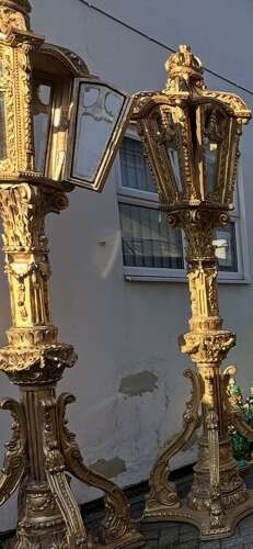 Huge Pair Gilt Carved Wood Baroque style Lamp Posts Street Lanterns