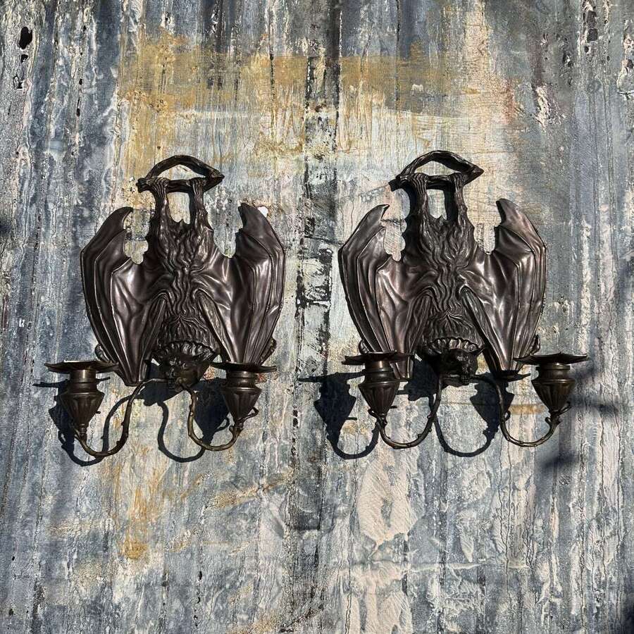 Pair of Bronze Hanging Bat Wall Lights Sconces