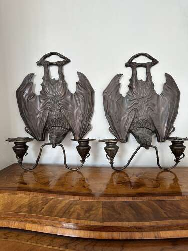 Pair Bronze Hanging Bat Wall Lights Sconces