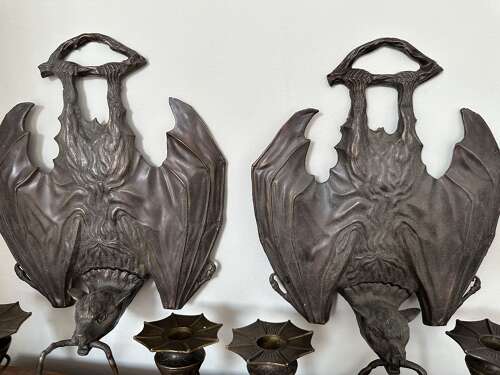 Pair Bronze Hanging Bat Wall Lights Sconces