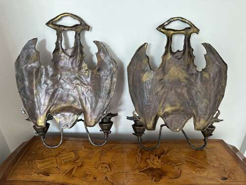 Pair Bronze Hanging Bat Wall Lights Sconces