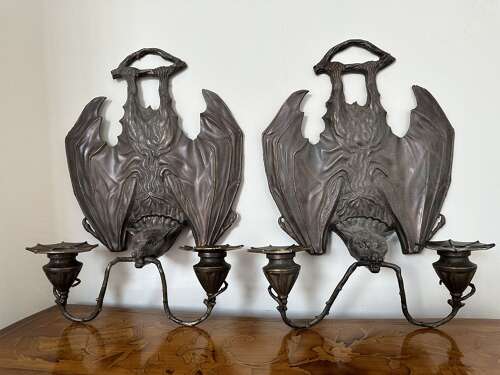 Pair Bronze Hanging Bat Wall Lights Sconces