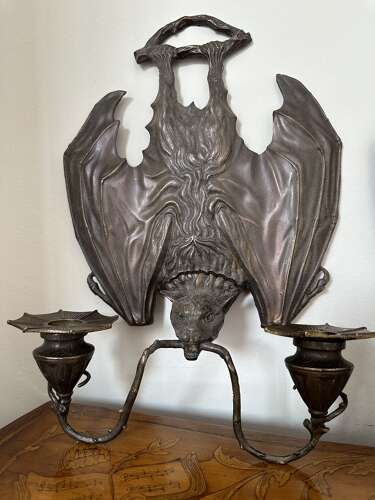 Pair Bronze Hanging Bat Wall Lights Sconces