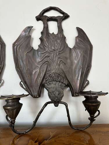 Pair Bronze Hanging Bat Wall Lights Sconces