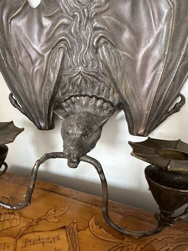 Pair Bronze Hanging Bat Wall Lights Sconces