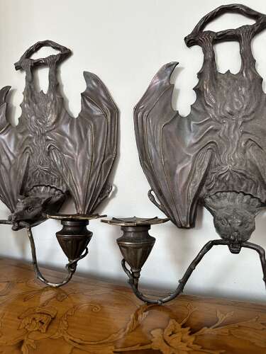 Pair Bronze Hanging Bat Wall Lights Sconces