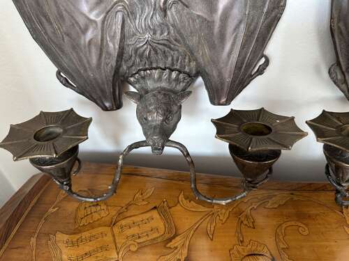 Pair Bronze Hanging Bat Wall Lights Sconces