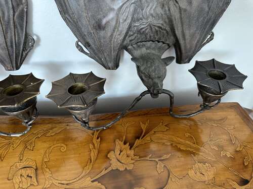 Pair Bronze Hanging Bat Wall Lights Sconces