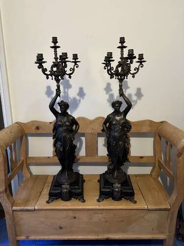Large pair of Bronze Candelabra Liberty figure on black marble bases