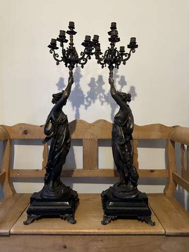 Large pair of Bronze Candelabra Liberty figure on black marble bases